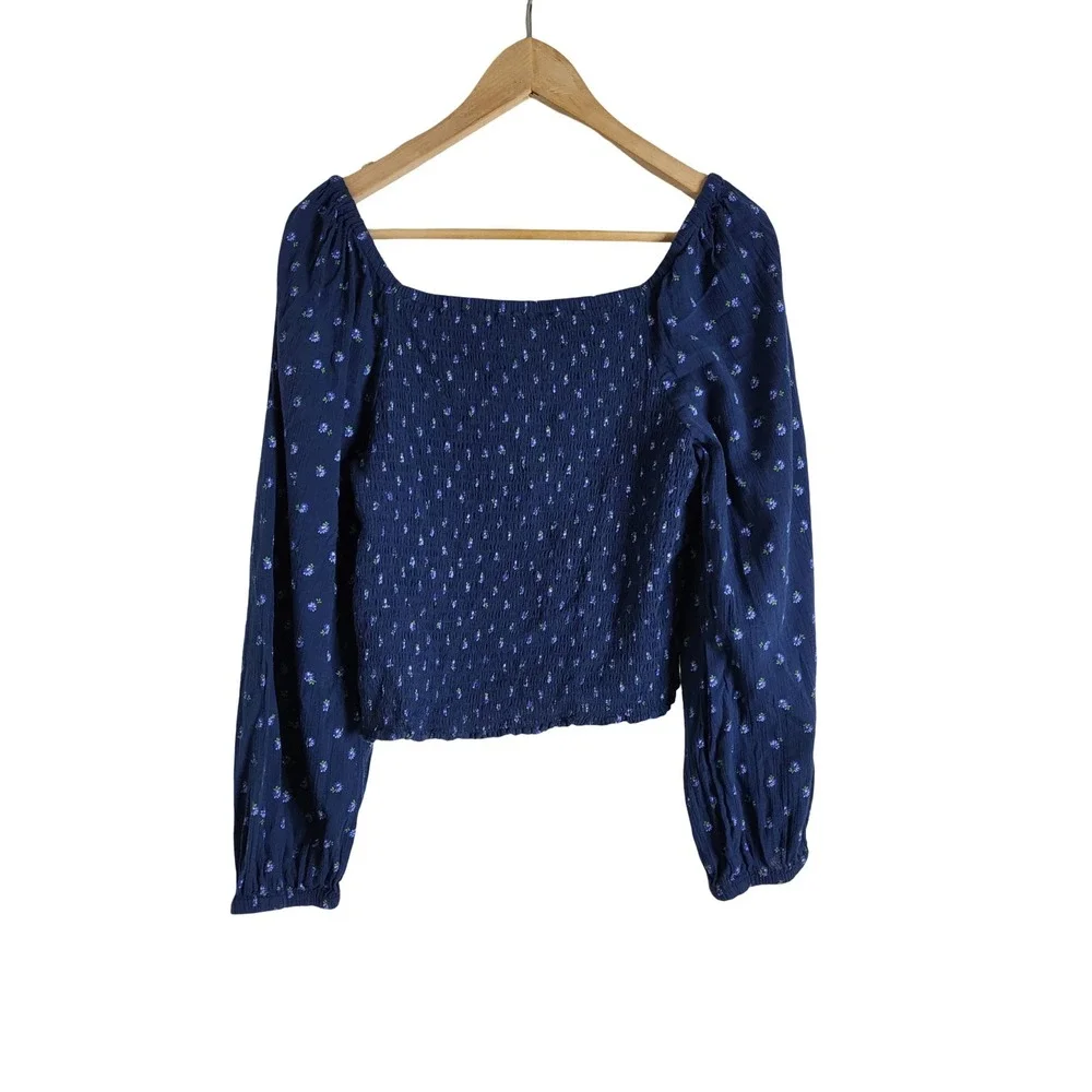 Madewell Smocked Long Sleeve Top Navy Floral Square Neck Blouse XL Cottage core